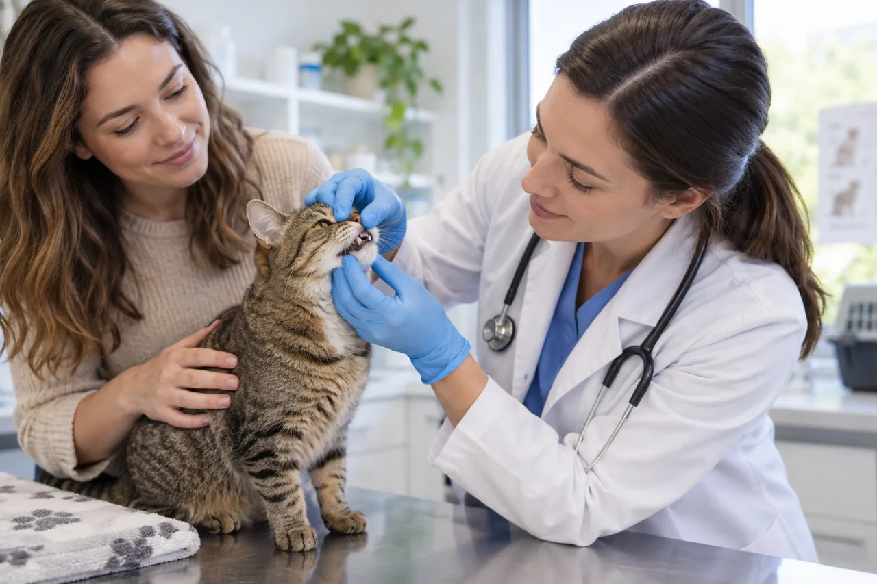 Veterinarian examining a tabby cat while its owner supports it