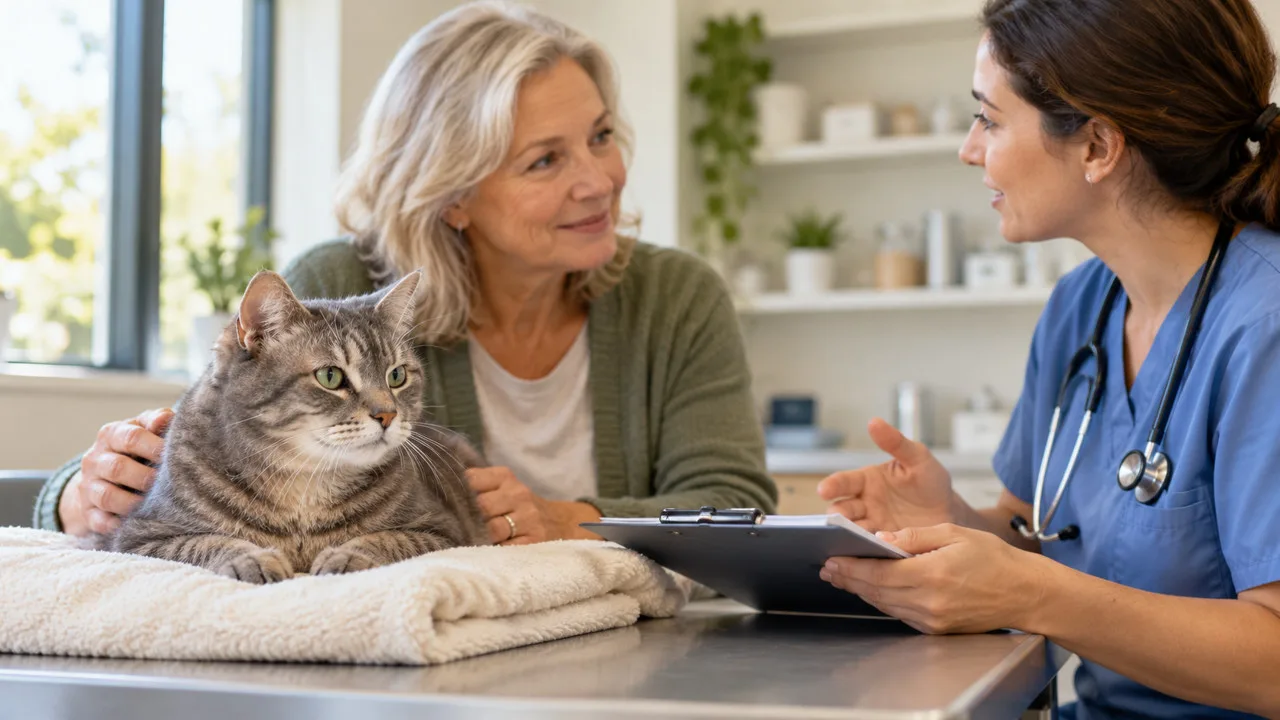 Veterinarian speaking with an owner beside a tabby cat